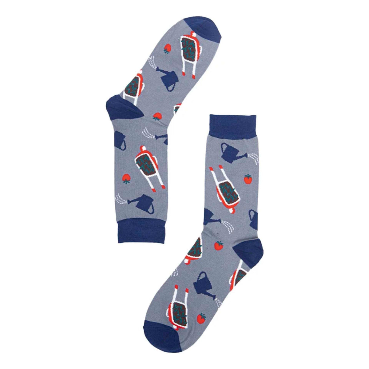 A pair of grey men's socks featuring wheelbarrows, water cans and tomatoes. With navy blue toes, heels and cuffs