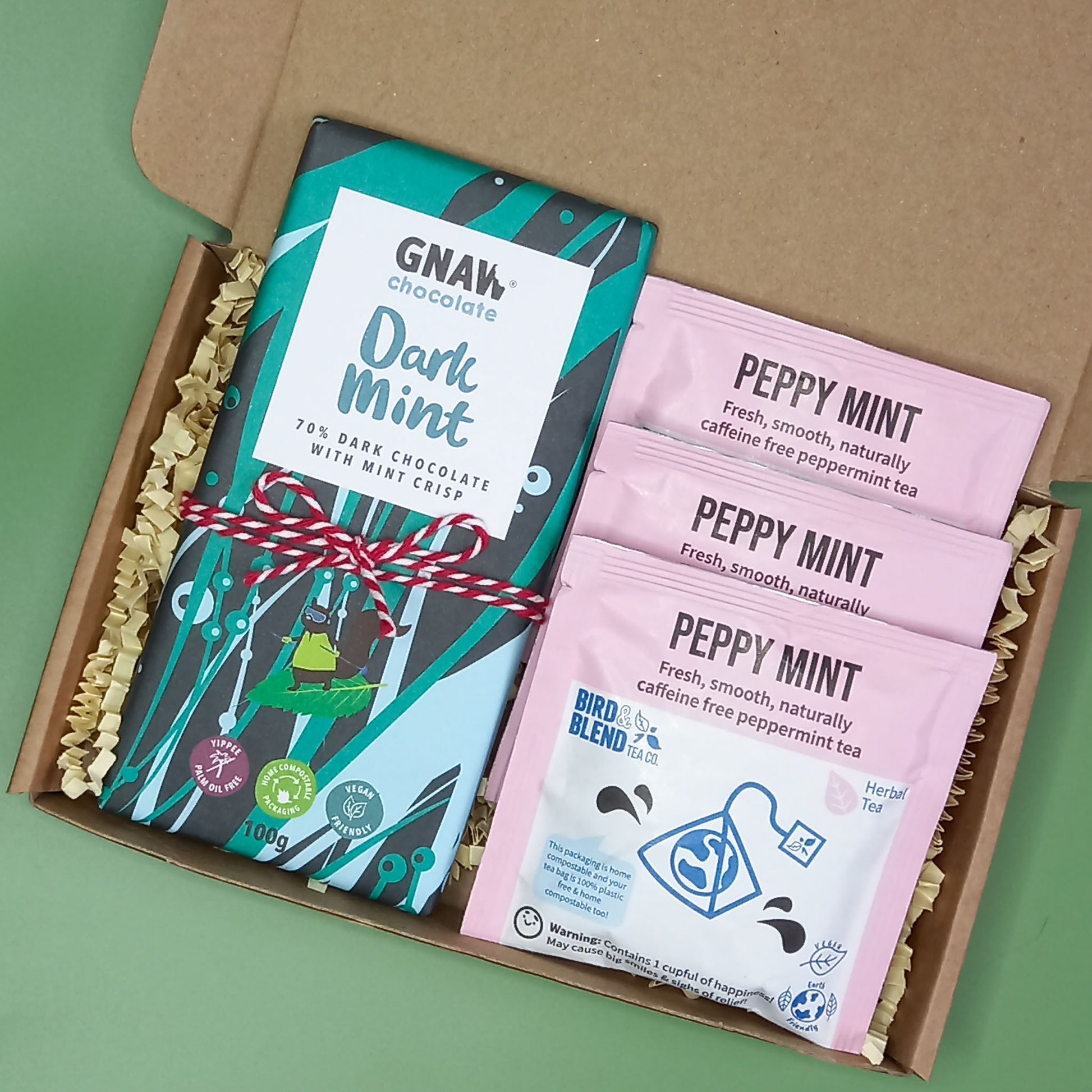 Mini gift box containing vegan dark mint chocolate and 3 mint tea bags