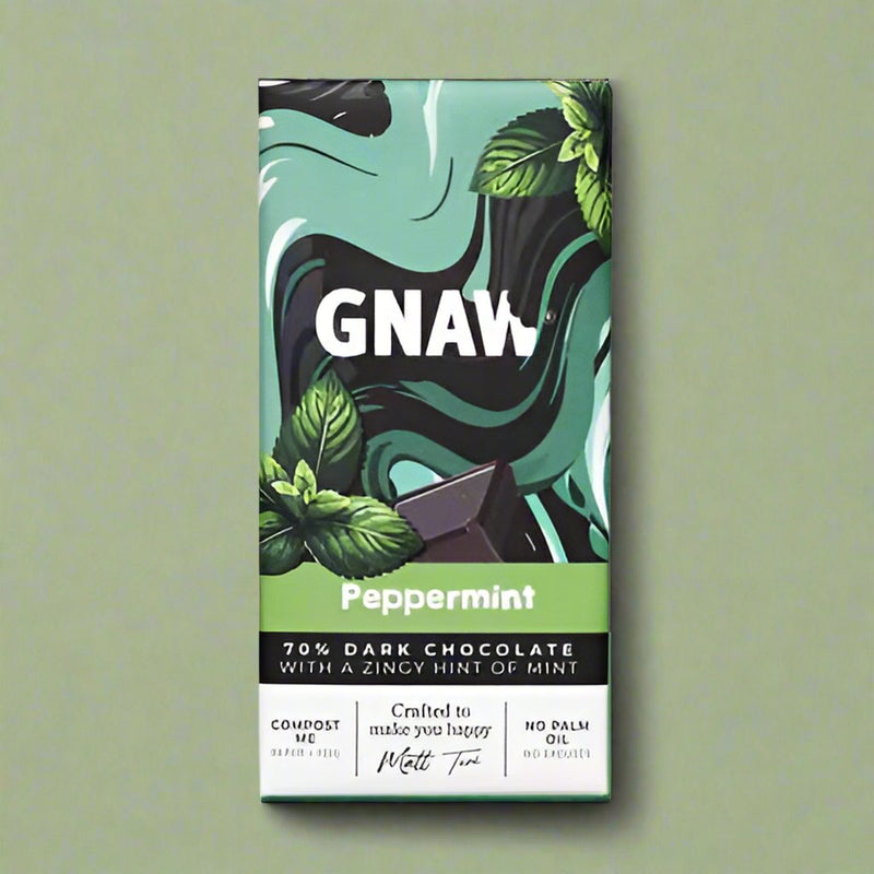 An 80g bar of Gnaw mint flavoured dark chocolate