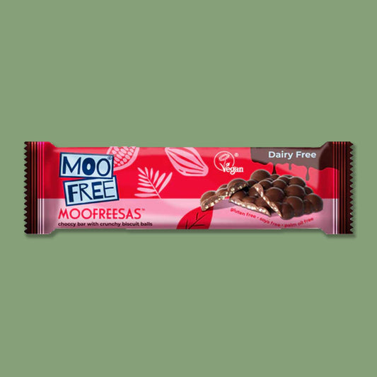 A bar of Moo Free vegan milk chocolate with crunchy rice bits