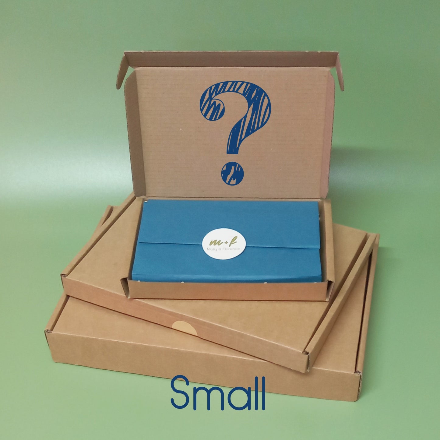 A stack of mystery gift boxes depicting the word small