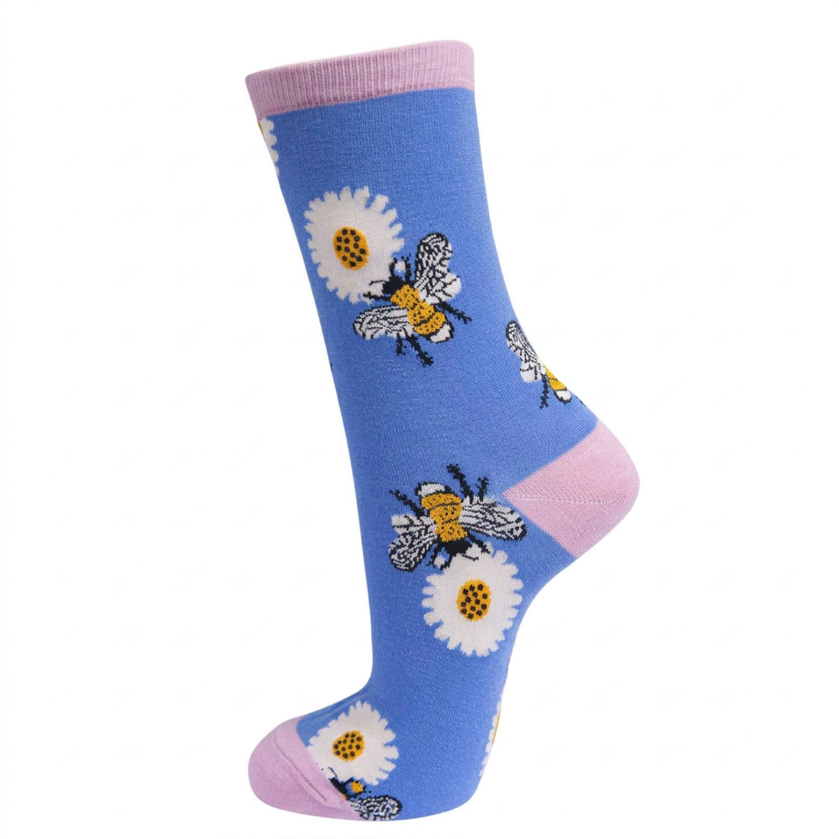A single blue crew sock with pink cuffs and heels, decorated with white daisies and yellow-and-black bumblebees, shown on a plain white background.