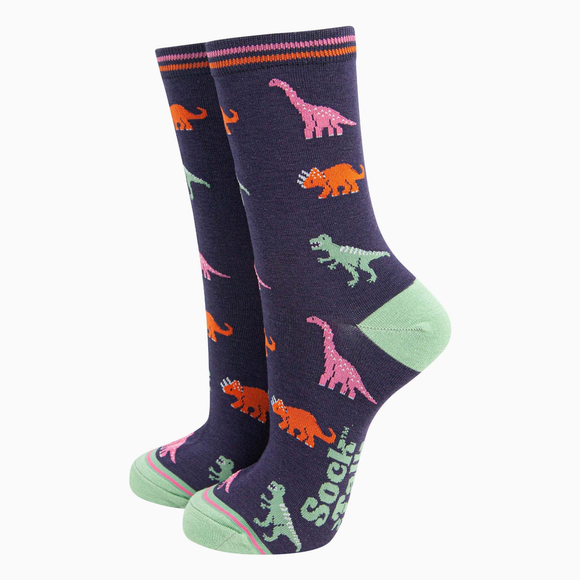 Pair of navy socks with colourful dinosaur pattern on a white background