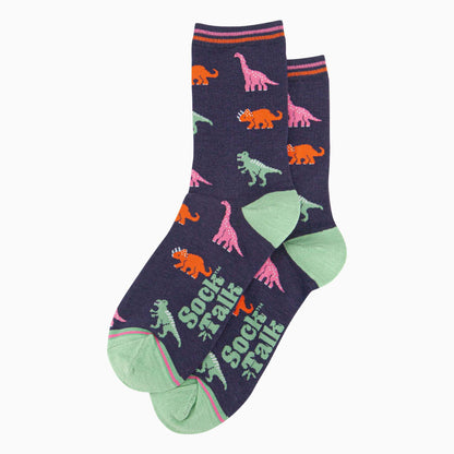 Navy socks with colourful dinosaur patterns on a white background