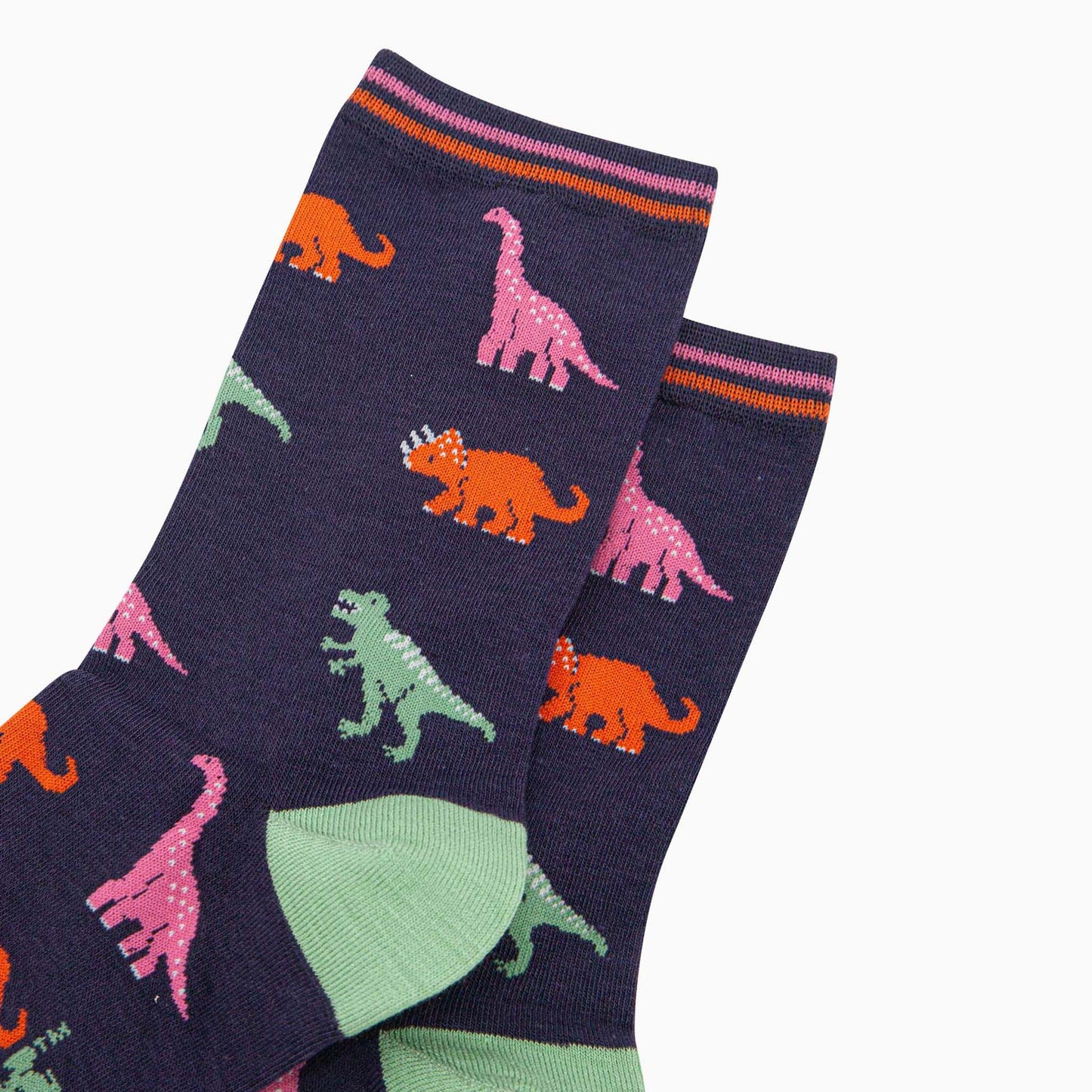 Navy blue socks with colorful dinosaur pattern on a white background