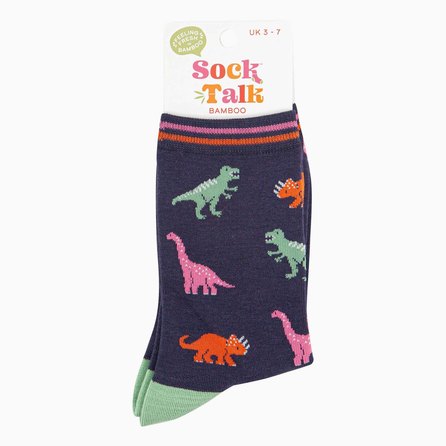 Women's socks with dinosaur pattern on a white background, featuring 'Sock Talk' branding.