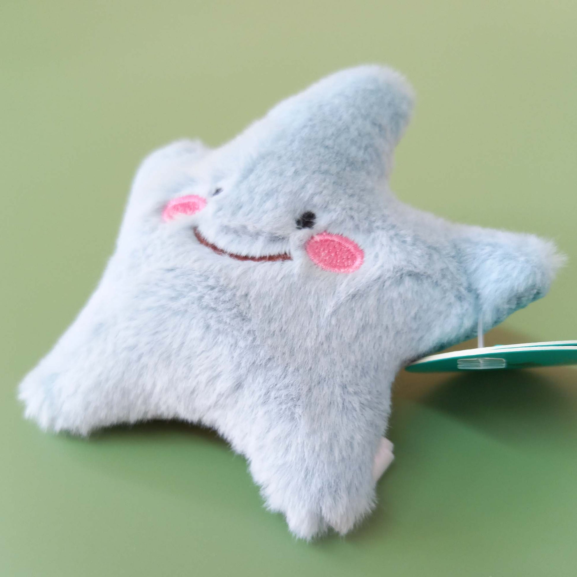 Close up of blue starfish toy with smiling face