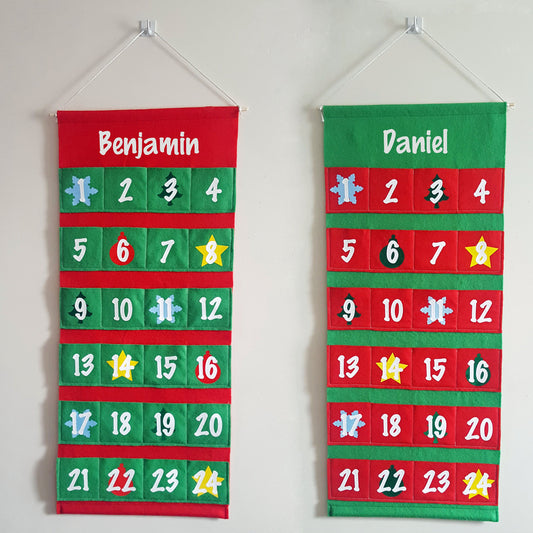 Personalised Felt Advent Calendar. Reusable Christmas countdown in red & green felt