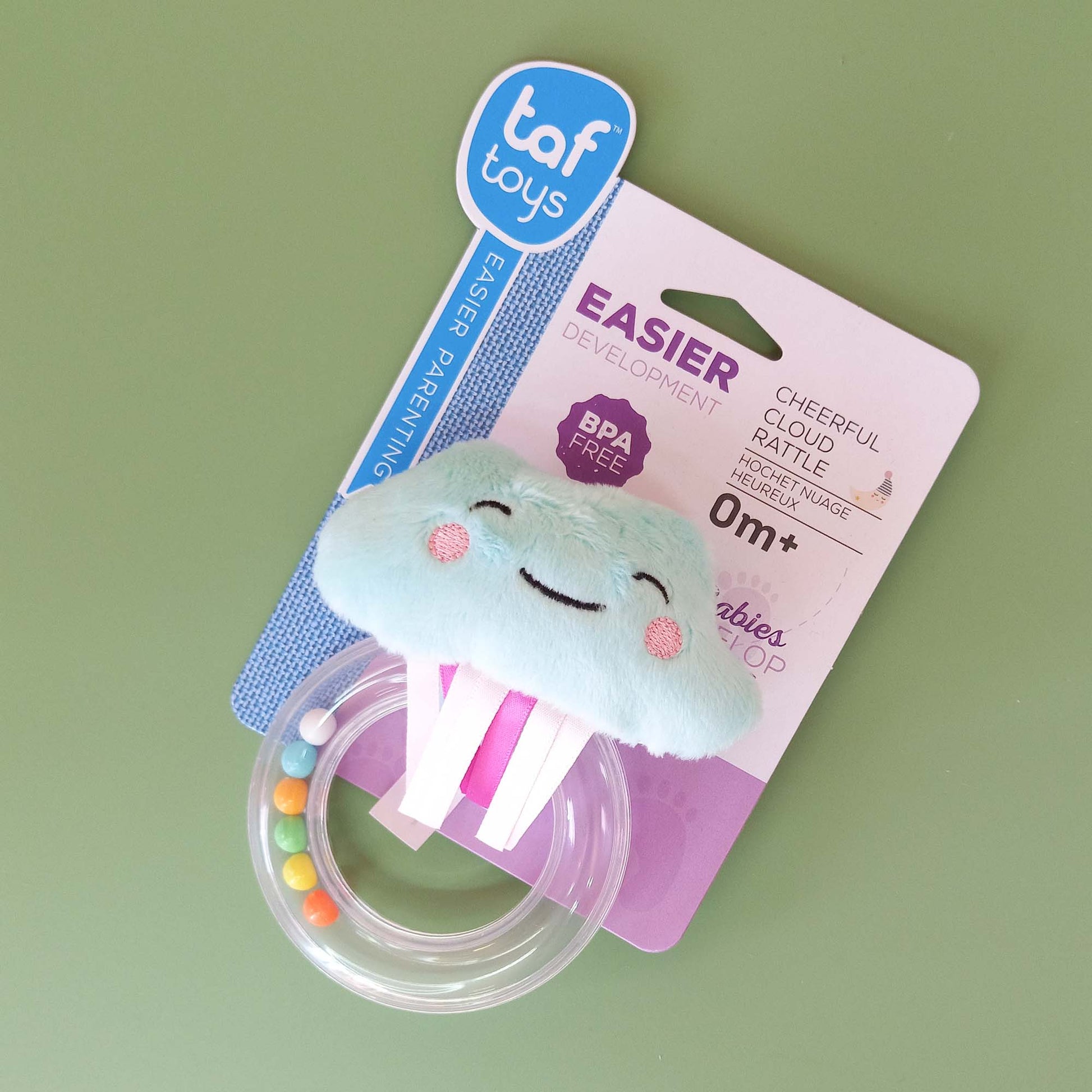 Cloud rattle with embroidered smiley face