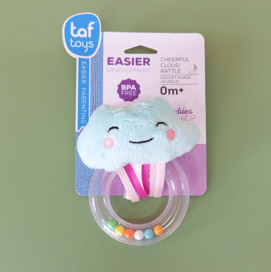 Baby rattle with tactile soft cloud and coloured ribbons 
