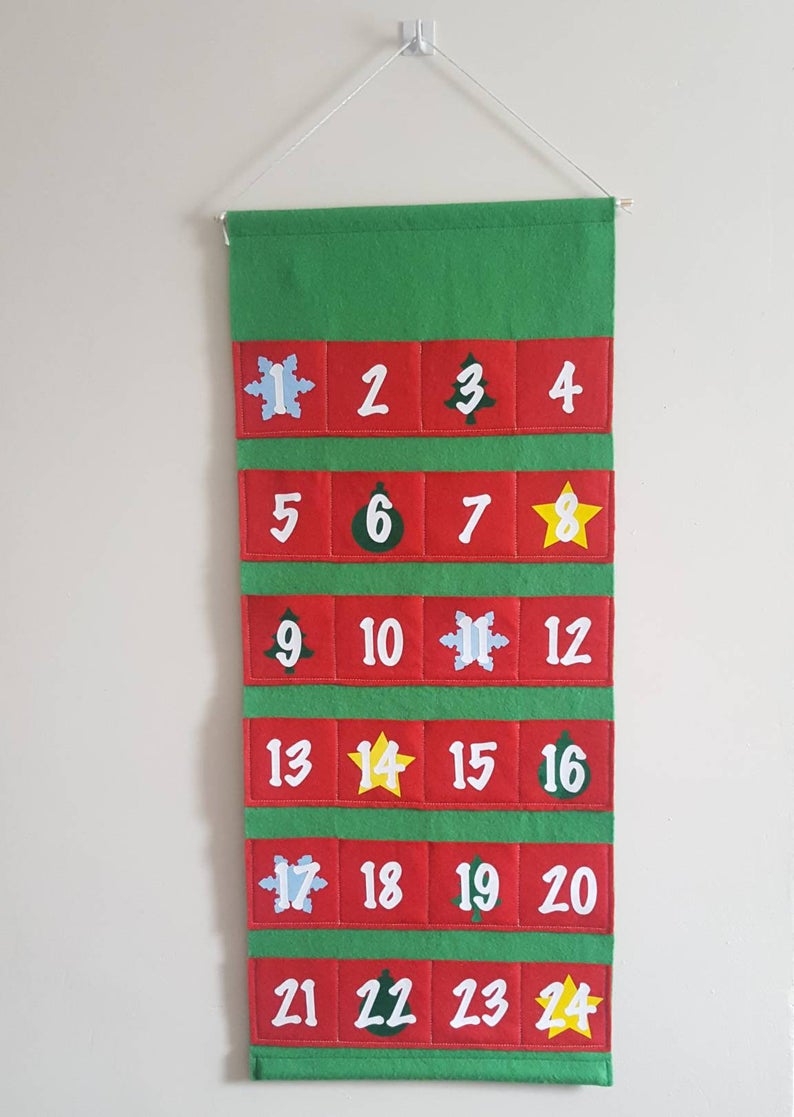 Personalised Felt Advent Calendar. Reusable Christmas countdown in red & green felt