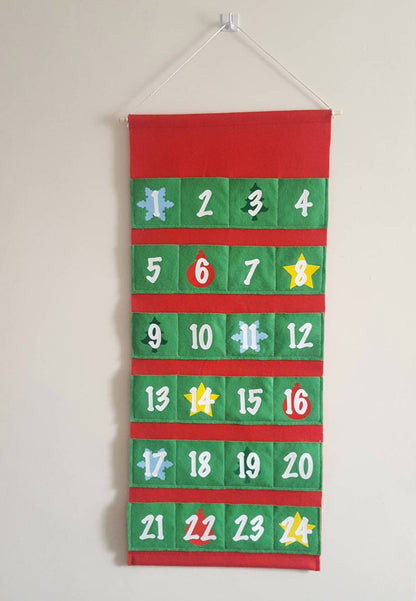 Personalised Felt Advent Calendar. Reusable Christmas countdown in red & green felt